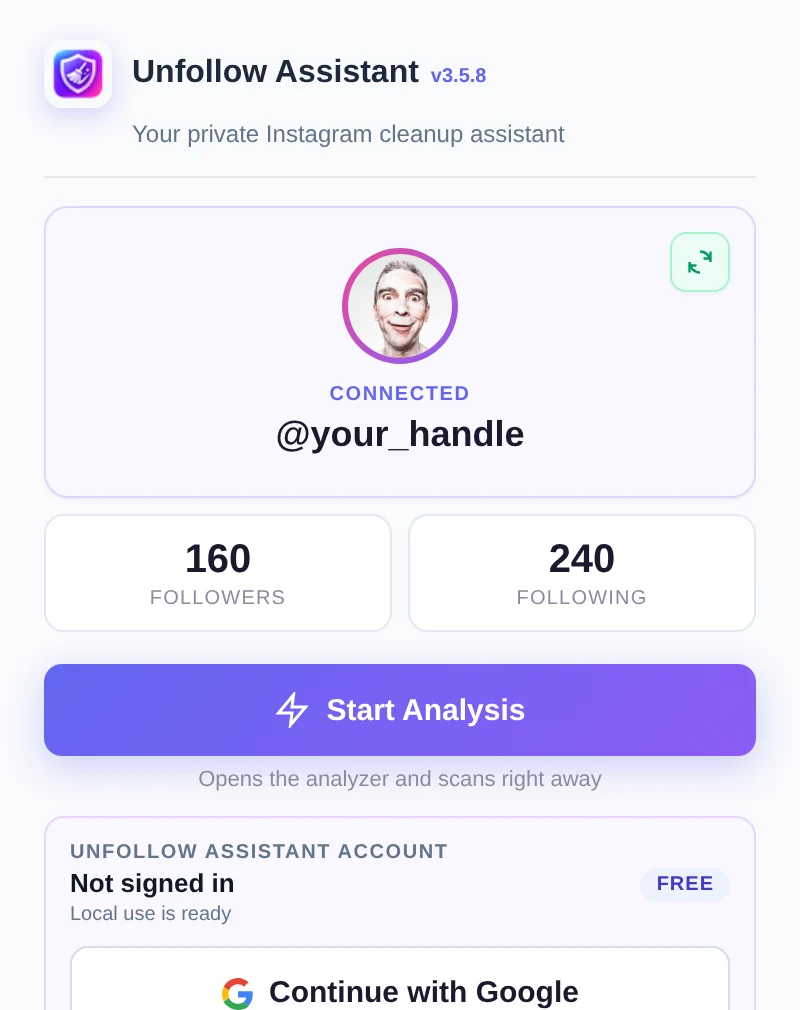 Current Unfollow Assistant popup with a connected Instagram profile and Start Analysis button