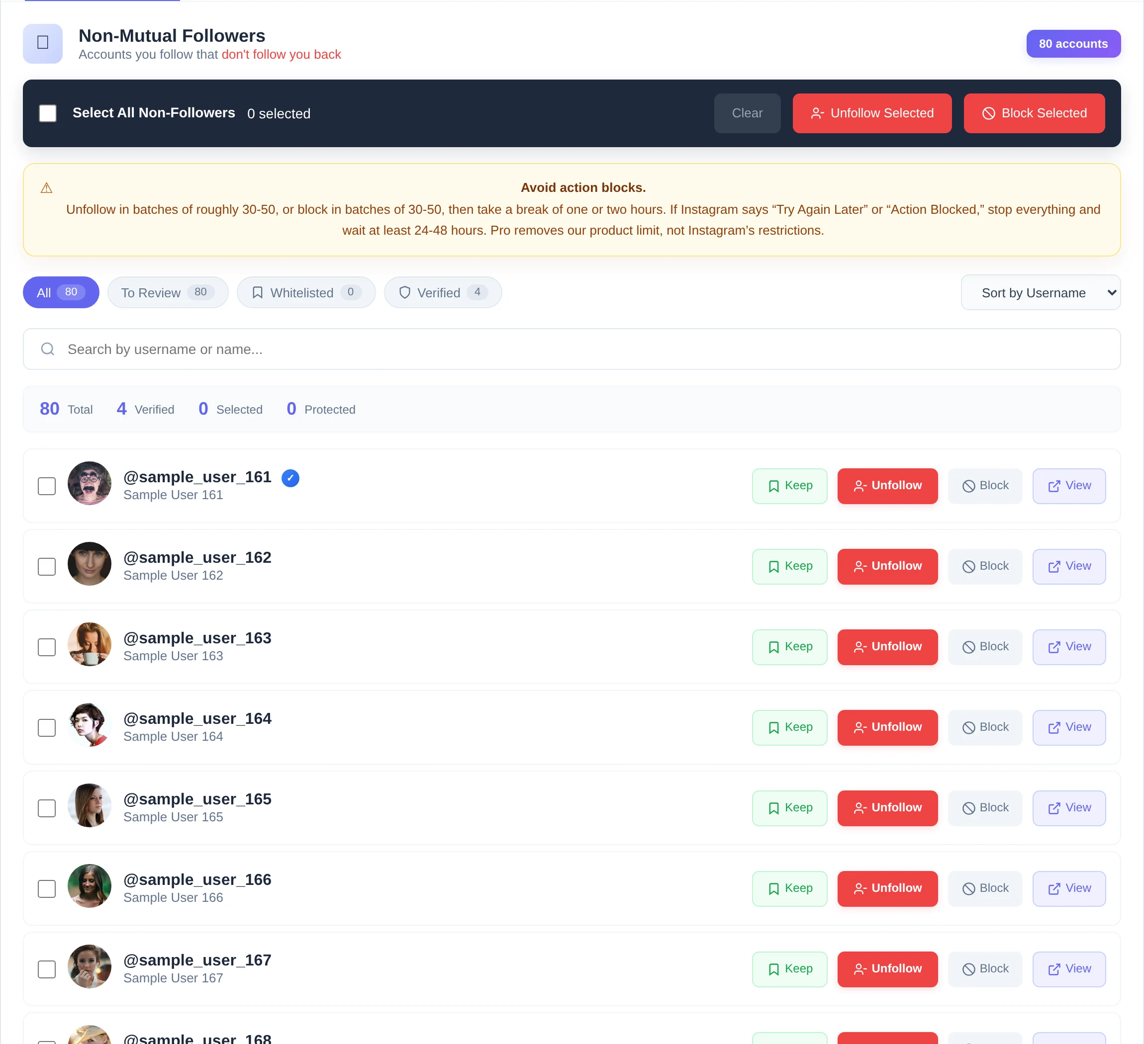 Current non-followers list with Keep, Unfollow and Block controls