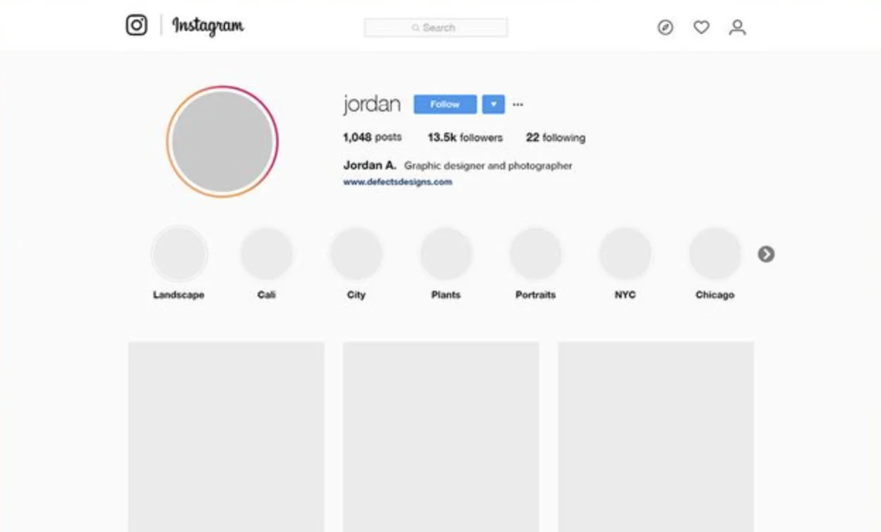 Sample Instagram profile open in a desktop browser